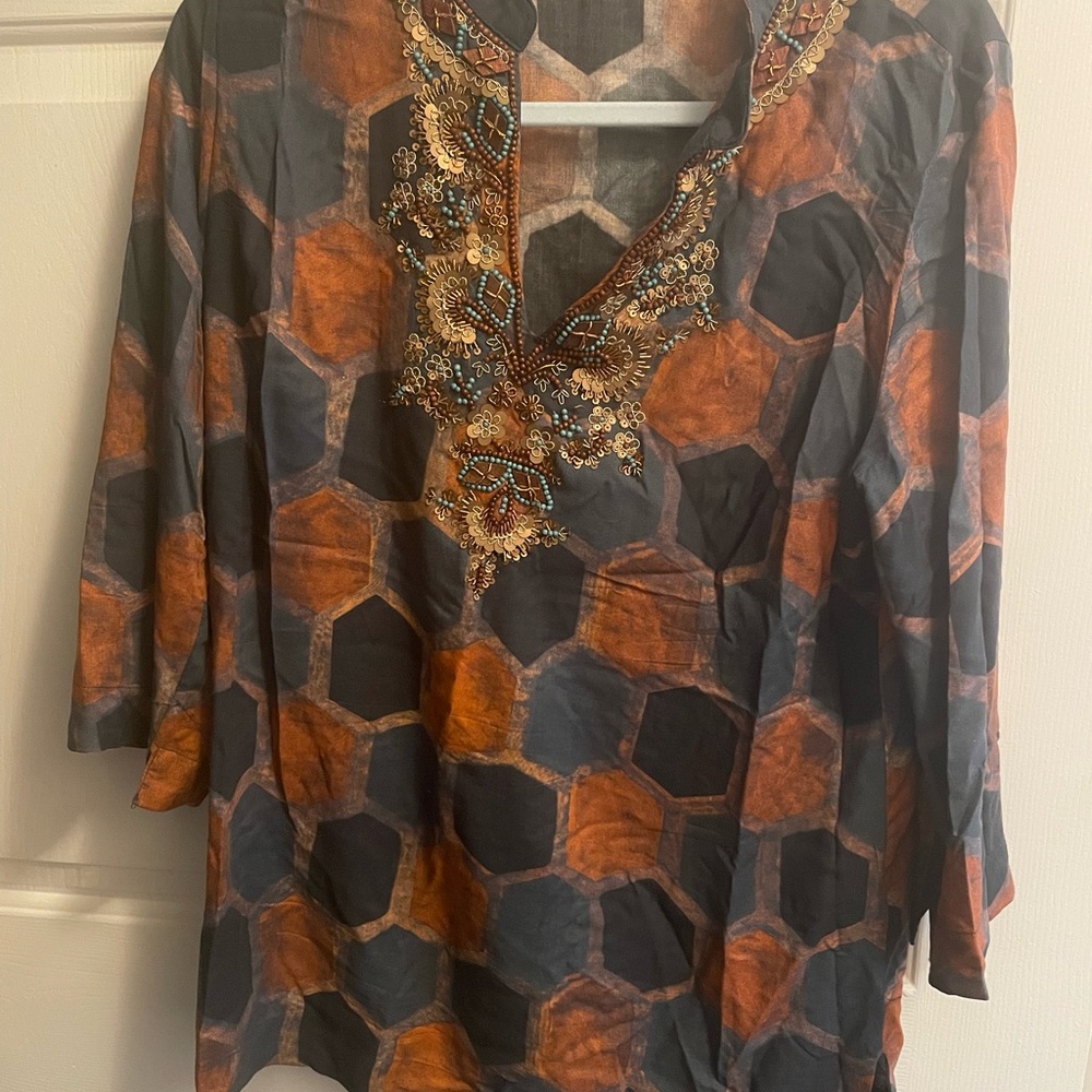 Soft Surroundings Orange and Black Embroidered Tunic